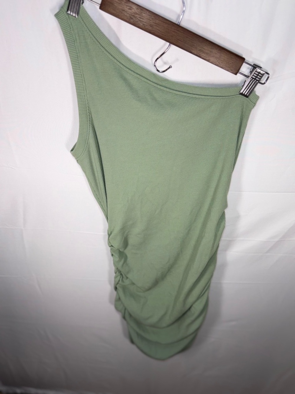Lulu's One-Shoulder Sage Green Ribbed Tank Ruched Short Dress Size Large - Picture 16 of 16